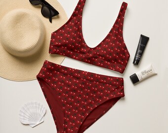 CHERRY BIKINI - Cherry Red High Waisted Bikini Set With Cherry Pattern - Cherry Print Bikini - Plus Size Bikini - High Waist Bikini Set