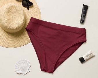 BURGUNDY BIKINI BOTTOM - Dark Red Recycled High Waisted Bikini Bottom - Bikini Separates - Separate Bikini Bottoms - Plus Size Bikini Bottom
