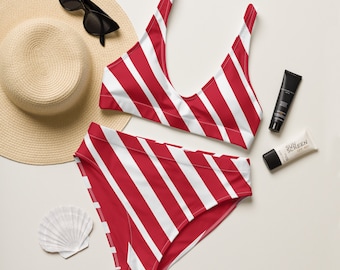 Candy Cane Bikini - Red Striped High Waisted Bikini - Christmas Candy Bikini - Christmas Bikini - Beach Christmas - Christmas Cruise Bikini