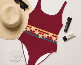 70S BURGUNDY SWIMSUIT - Daisy One-Piece Swimsuit - Vintage Swimsuit - Retro Swimsuit - Seventies - Hippie - Floral Swimwear - Dark Red