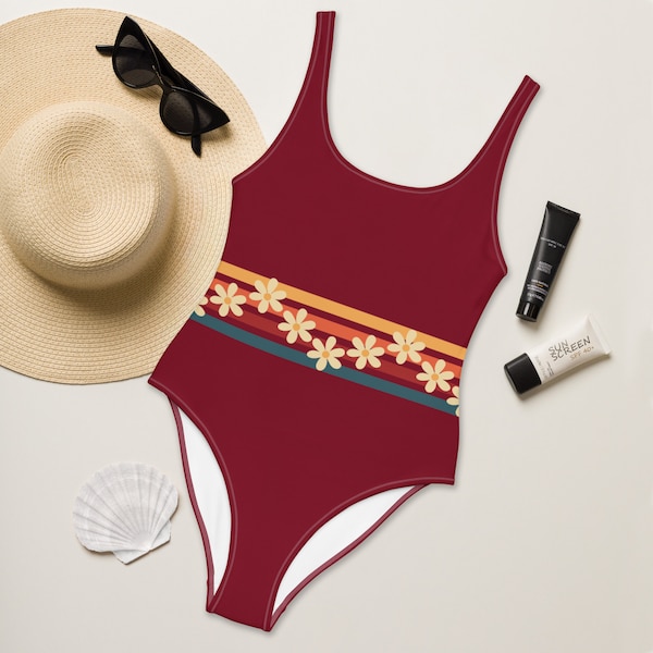 70S BURGUNDY SWIMSUIT - Daisy One-Piece Swimsuit - Vintage Swimsuit - Retro Swimsuit - Seventies - Hippie - Floral Swimwear - Dark Red