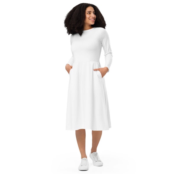 WHITE MIDI DRESS - Casual Wedding Dress - Longsleeve Midi Dress - White City Hall Wedding Dress - White Dress With Pockets - Casual