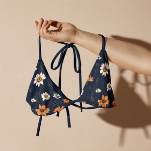 Boho Bikini Top: Navy Blue, Retro Floral Pattern, Meadow Flowers, Adjustable Strings, Vintage Fashion, Swim Separates