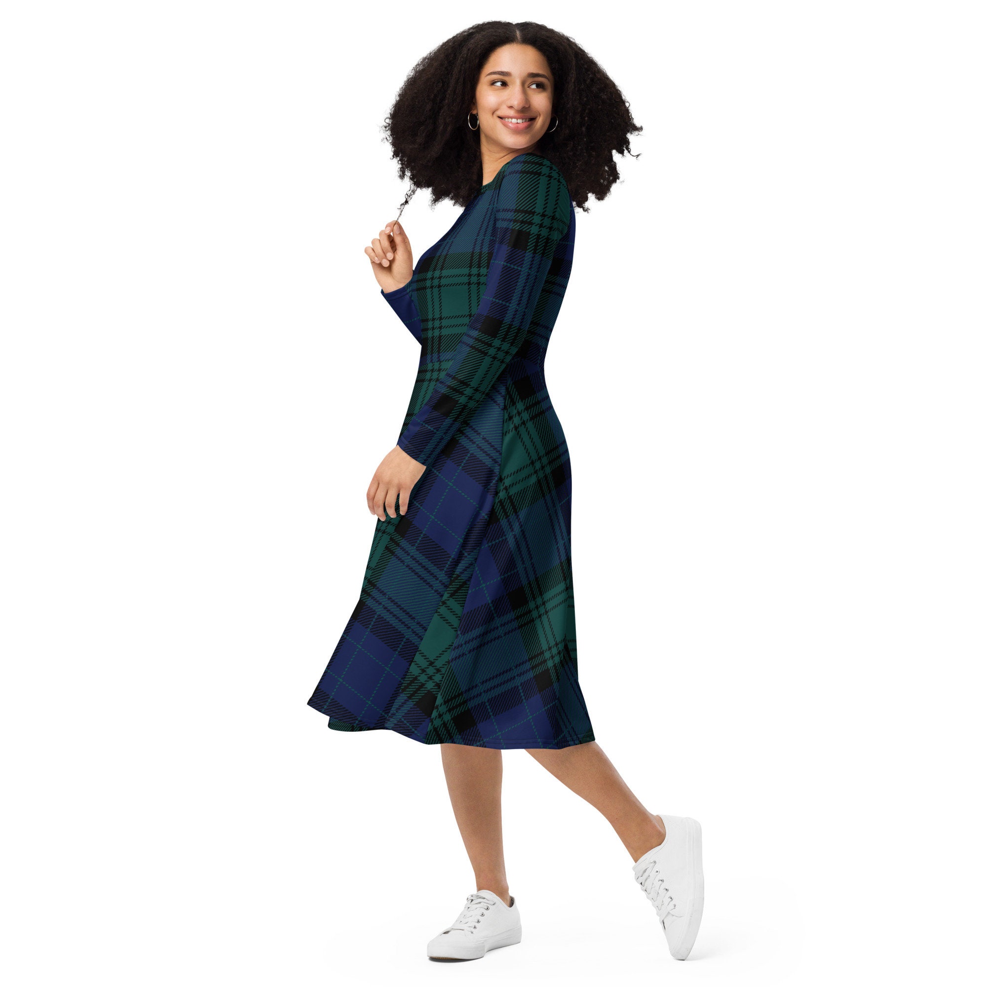 Plaid Tie-Front Long Sleeve Dress