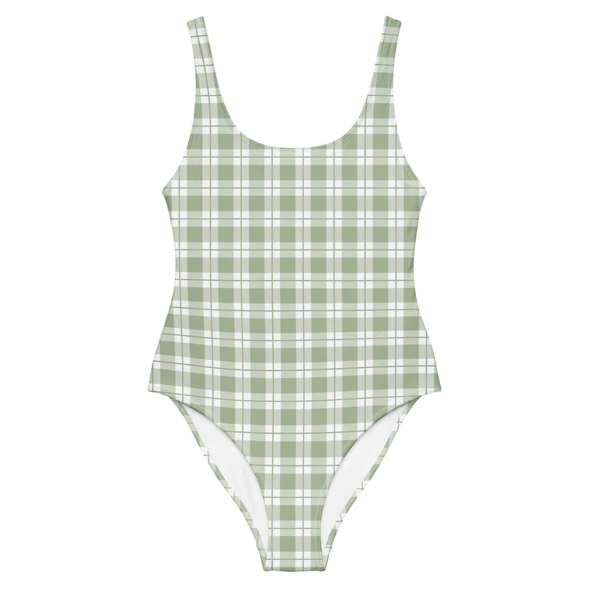 Plaid Swimsuit - Sage Green and White Checkered One Piece Swimsuit ...