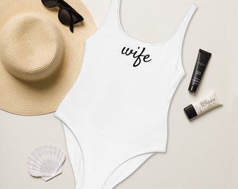 WIFE SWIMSUIT - White One Piece Swimsuit With Text Wife - Beach Wedding Swimsuit - White Swimsuit - Honeymoon - Newlywed - Gift For Wife