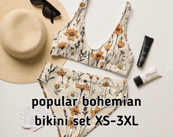 Bikini vintage: giallo pastello retrò, fiori di campo, stile boho, materiale elastico morbido al tatto
