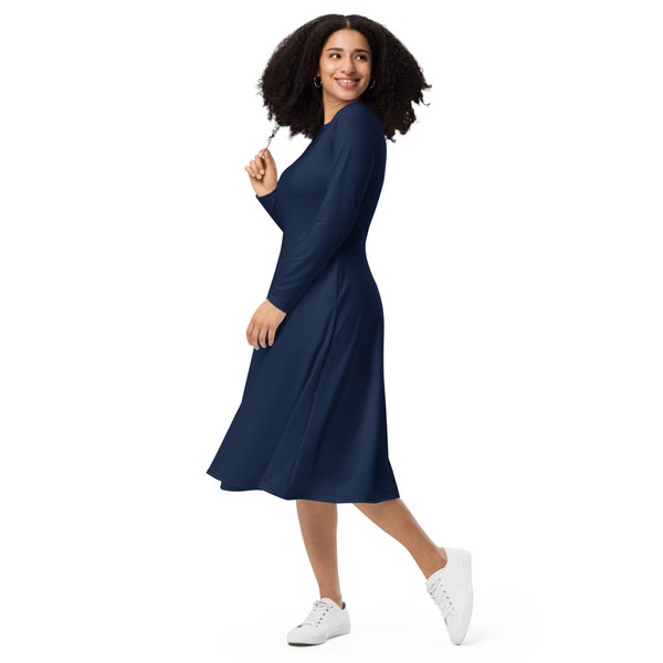 NAVY MIDI DRESS - Dark Blue Midi Dress - Long Sleeve Dress - Casual Navy Dress - Plus Size Dress - 6XL Dress - Dress With Pockets - Navy