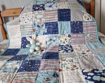 Large Quilted Cotton playmat/baby quilt -Moda Stellar Baby fabric cotton/ bamboo batting, soft cotton reverse turquoise Handmade with care.