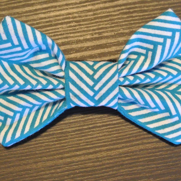 teal herringbone collar bow tie for dog // puppy // cat // handmade //  // gift // aqua // stripes // chevron // white