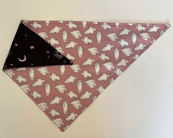 Mauve glow in the dark reversible tie on ghost bandana for dog// cat// puppy// handmade gift// celestial// stars and moon// halloween// fall