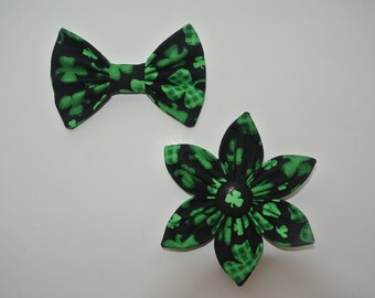 St. Patrick's Day shamrock attachable collar flower or bow tie for dog // cat // puppy / plaid // irish // handmade gift // pet owner / luck