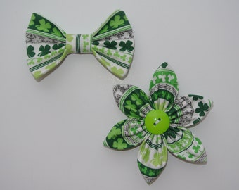 St. Patrick's Day striped shamrock attachable collar flower or bow tie for dog // cat // puppy // handmade gift // pet lover // irish lucky