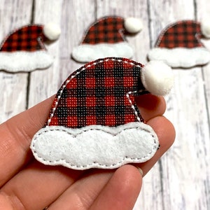 Santa Hat Felties, Plaid Santa Hat Feltie Embellishments, Buffalo Plaid Santa Hat Felties, Santa Bow Center, Badge Reel Felties, Christmas