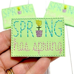 May include: A light green felt patch with embroidered text that reads "SPRING has sprung" with a yellow flower in a purple pot.