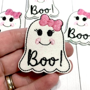 Boo Ghost Feltie, Pink Bow Boo Ghost Feltie Embellishment, Ghost Felties, Halloween Felties, Cute Ghost Feltie, Spooky Ghost Feltie Patch