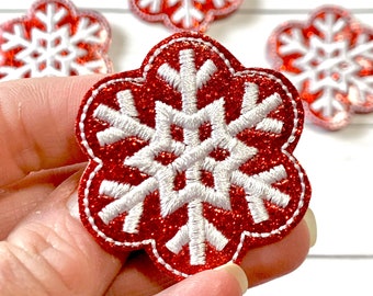 Snowflake Feltie, Winter Feltie Embellishment, Christmas Felties, Red Snowflake Feltie, Embroidered Feltie, Felt Applique, Snow Feltie, Cold