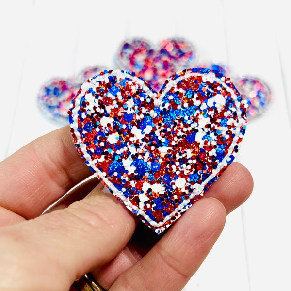 Chunky Glitter Heart Feltie, Patriotic Heart Feltie Embellishment, 4th July Felties, Red White Blue Feltie, USA Heart Feltie, Heart Patch