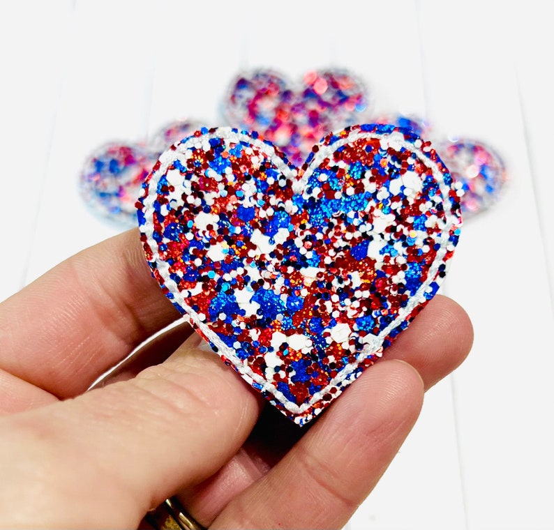 Chunky Glitter Heart Feltie, Patriotic Heart Feltie Embellishment, 4th July Felties, Red White Blue Feltie, USA Heart Feltie, Heart Patch image 1