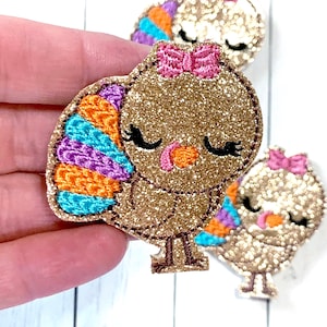 Turkey Girl Feltie, Fall Feltie Embellishment, Thanksgiving Feltie, Turkey Felties, Glitter Turkey Feltie, Cute Turkey Feltie, Cut Felties