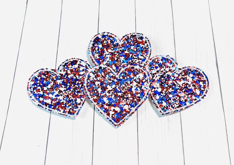 Chunky Glitter Heart Feltie, Patriotic Heart Feltie Embellishment, 4th July Felties, Red White Blue Feltie, USA Heart Feltie, Heart Patch image 2