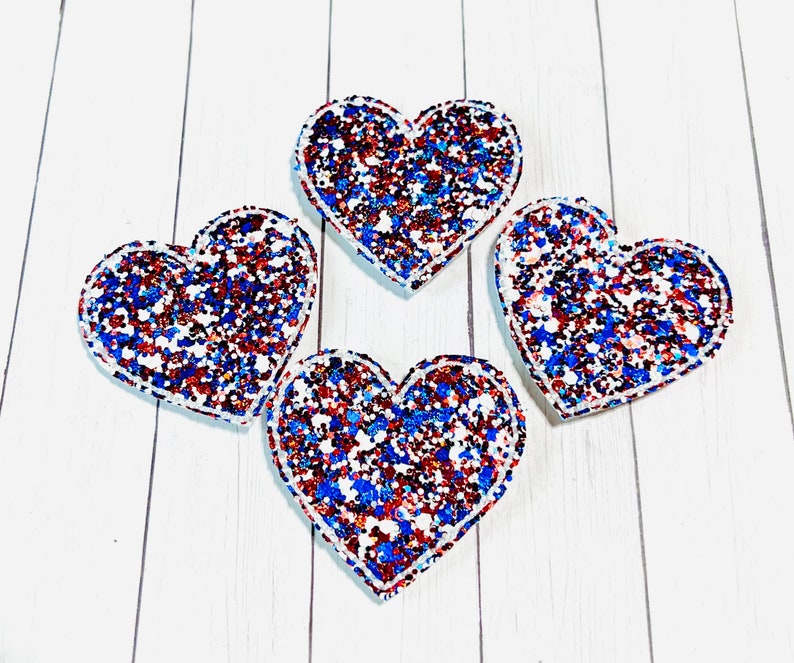 Chunky Glitter Heart Feltie, Patriotic Heart Feltie Embellishment, 4th July Felties, Red White Blue Feltie, USA Heart Feltie, Heart Patch image 4