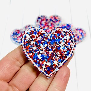 Chunky Glitter Heart Feltie, Patriotic Heart Feltie Embellishment, 4th July Felties, Red White Blue Feltie, USA Heart Feltie, Heart Patch image 3