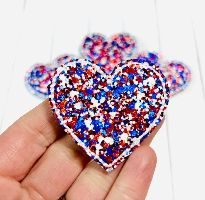 Chunky Glitter Heart Feltie, Patriotic Heart Feltie Embellishment, 4th July Felties, Red White Blue Feltie, USA Heart Feltie, Heart Patch image 3