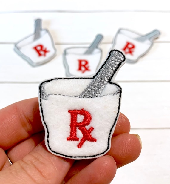 Mortar and Pestle Feltie, Pharmacy RX Felties, Embroidered Felt Applique, Badge Reel Felties, Medical Felties, Prescription Rx Felties