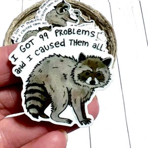 May include: A sticker with a watercolour illustration of a raccoon. The text on the sticker says "I got 99 problems and I caused them all." The raccoon is in shades of grey, black, and white.
