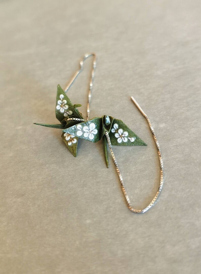 Origami Crane Earrings Paper Jewellery Anniversary Sterling Silver Threader earrings Bridesmaids Luck Bird Earrings Birthday Gift