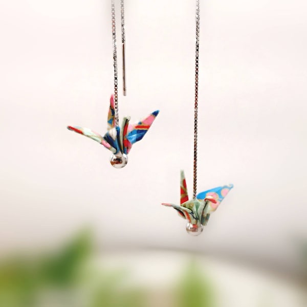 Sterling Silver Threader earrings, Origami Crane Earrings, Paper Jewellery, Luck Bird Earrings, Anniversary, Birthday Gift, Mother 's day