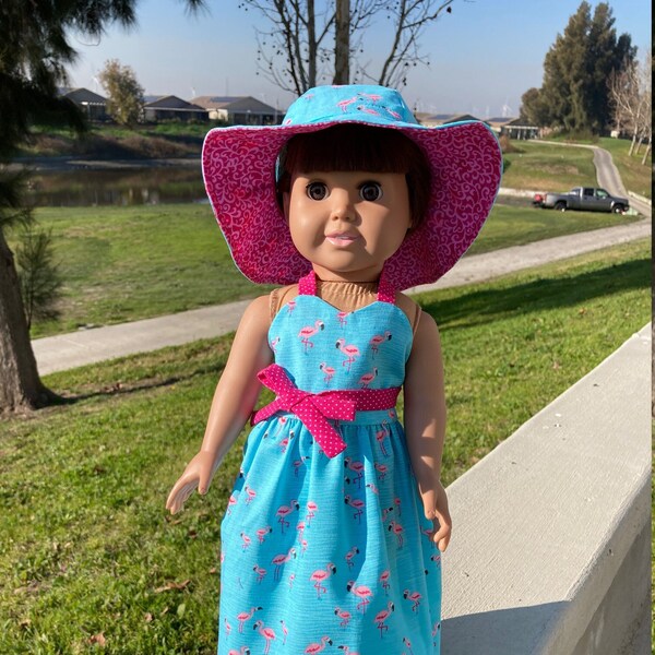Flamingo Sun Dress and Floppy Hat for 18" or American Girl Doll