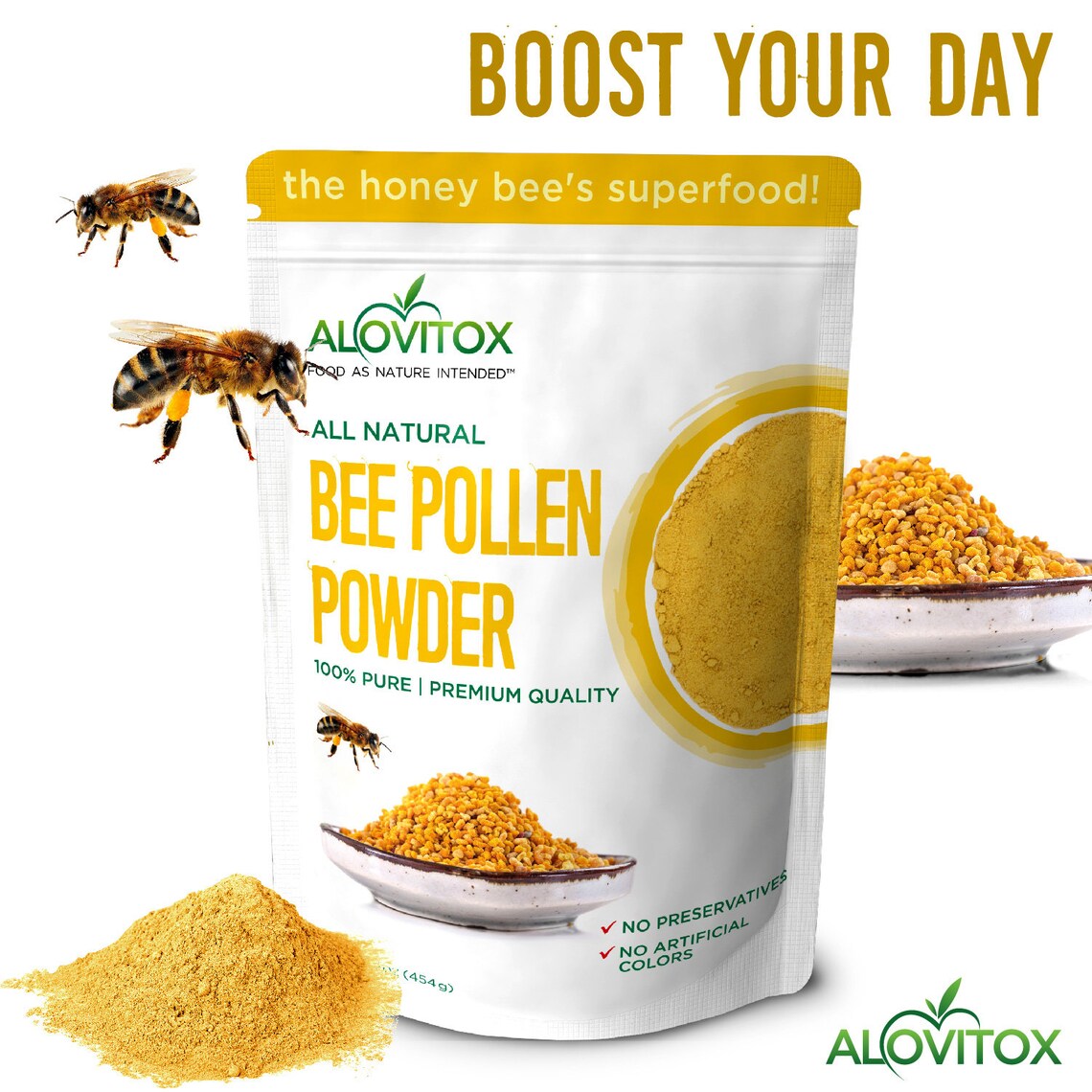 Pure Bee Pollen Powder 16oz by Alovitox Protein Rich, Powerful