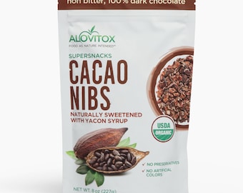 Nibs de cacao orgánico: Snack de chocolate endulzado con yacón (8 oz)
