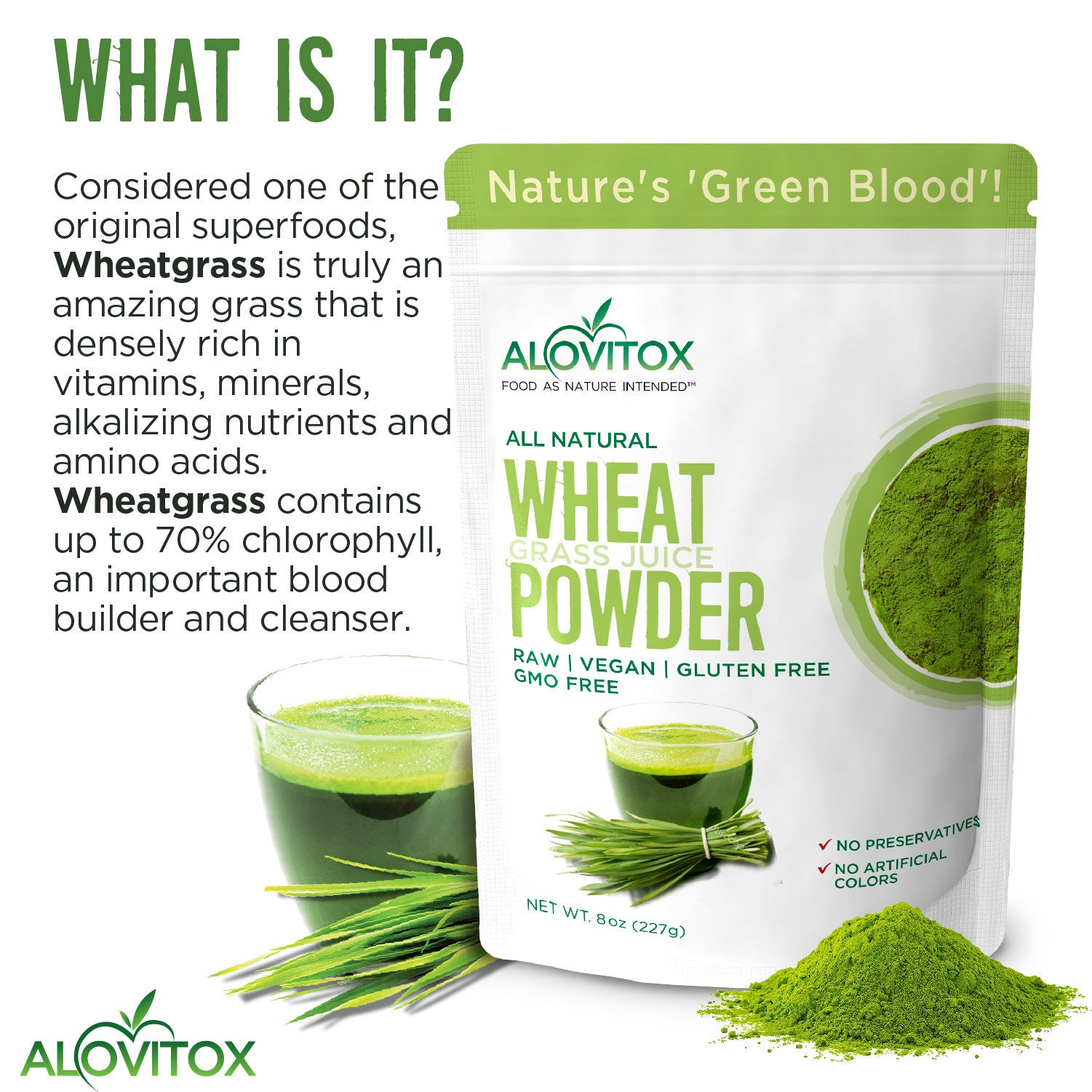 Organic Wheat Grass Juice Powder 8oz Powerful Antioxidant, Detoxifying
