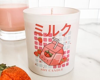Kawaii Strawberry Milk Soy Candle, Creamy Vanilla Scent