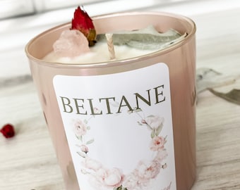 Beltane Rose Quartz Soy Candle: Sandalwood Rose Scent