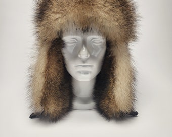 Men's Bleached Raccoon Fur Trapper Hat.  Size 2XL