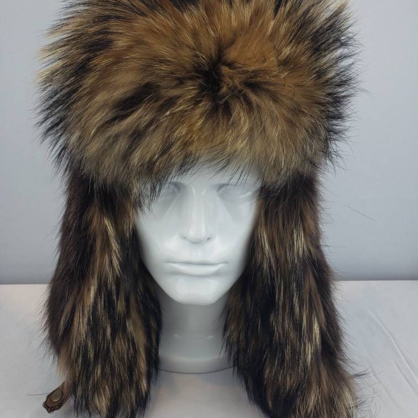 Beaver and Coyote Fur Trapper Hat.  Size men's XL