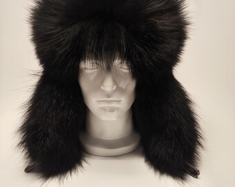 Men's Black Coyote Fur Trapper Hat.  Size 2XL