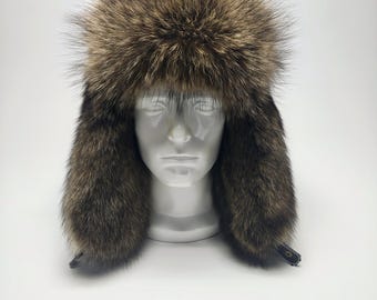 Men's Raccoon Fur Trapper Hat.  Size XL