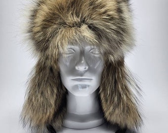 Men's Otter and Coyote Fur Trapper Hat.  Size L