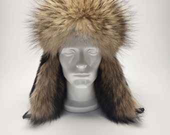 Men's Otter and Bleached Raccoon Fur Trapper Hat.  Size 2XL
