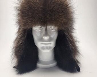 Men's Fisher Raccoon Fur Trapper Hat.  Size L