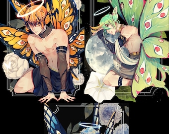 May include: Three digital illustrations of winged figures with halos. Each figure has a different colored wing: yellow, green, and blue. The figures are all sitting with their wings spread out. The background is black with white flowers.