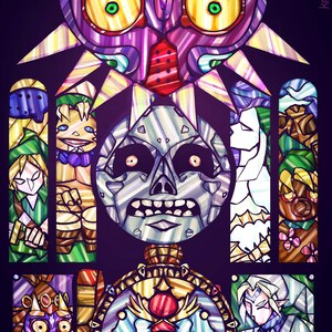 May include: A stained glass style illustration of a character from the Legend of Zelda video game series. The character is wearing a mask with a large, red, heart-shaped design. The mask has two large, yellow eyes and a small, red nose. The character is surrounded by other characters from the game, including Link, Zelda, and Ganondorf.