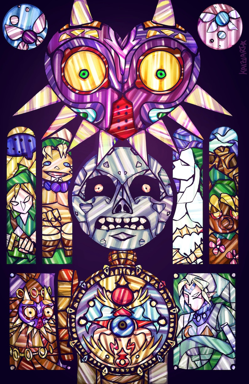 May include: A stained glass style illustration of a character from the Legend of Zelda video game series. The character is wearing a mask with a large, red, heart-shaped design. The mask has two large, yellow eyes and a small, red nose. The character is surrounded by other characters from the game, including Link, Zelda, and Ganondorf.