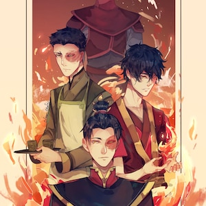 May include: Illustration of characters from Avatar: The Last Airbender. The artwork features several figures in various poses, with a fiery background. The characters are depicted in traditional attire, with a focus on the character Zuko.