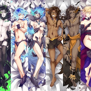 May include: A long rectangular body pillow cover featuring eight distinct anime-style character illustrations arranged side-by-side. Each figure displays unique fantasy attire, varying hair colors, and intricate accessories against a white background.